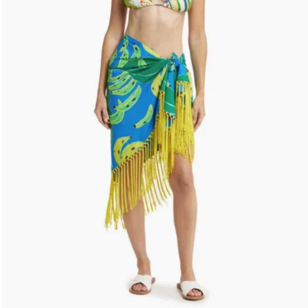 FARM Rio Banana Print Fringed Cover-Up Sarong in Blue